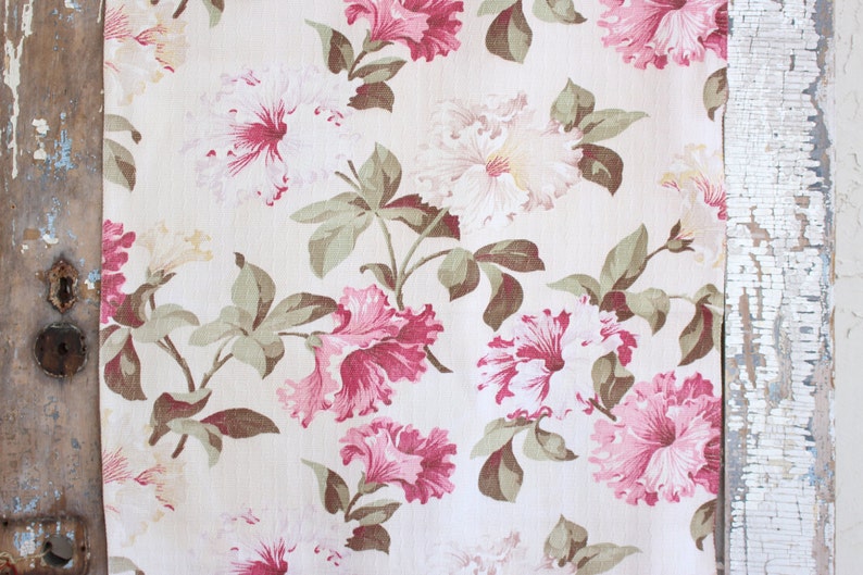 Shabby Chic Cottage Pink & Cream Summer Petunias Vintage Nubby Floral Barkcloth Fabric image 1