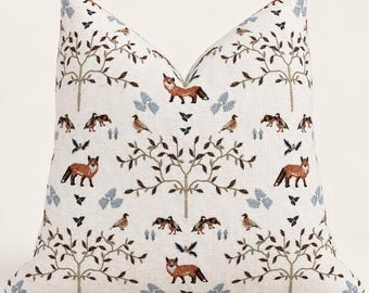 Embroidered Red Fox Botanical Pillow Cover  Designer Woodland Forest Decorative Accent Throw Lumbar Cushion | Rustic Cottage Home Decor