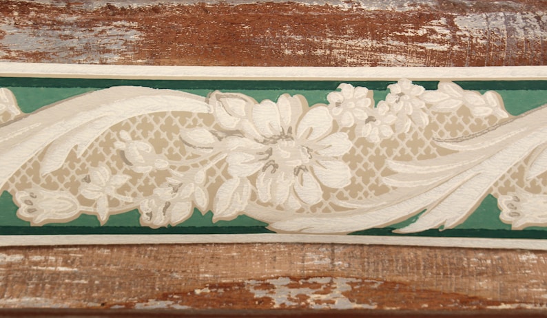 SHABBY CHiC Home Decor ~ Neoclassical Scrolled Floral Print ~ Gray Cream Turquoise 30s 40s Vintage Wallpaper Border Roll COTTAGE CHiC DECOR