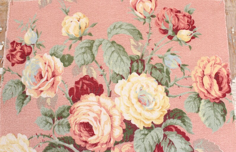 Large Floral Bouquet Cotton Fabric ~ Apricot Blue ~ 1940/'s Antique Vtg