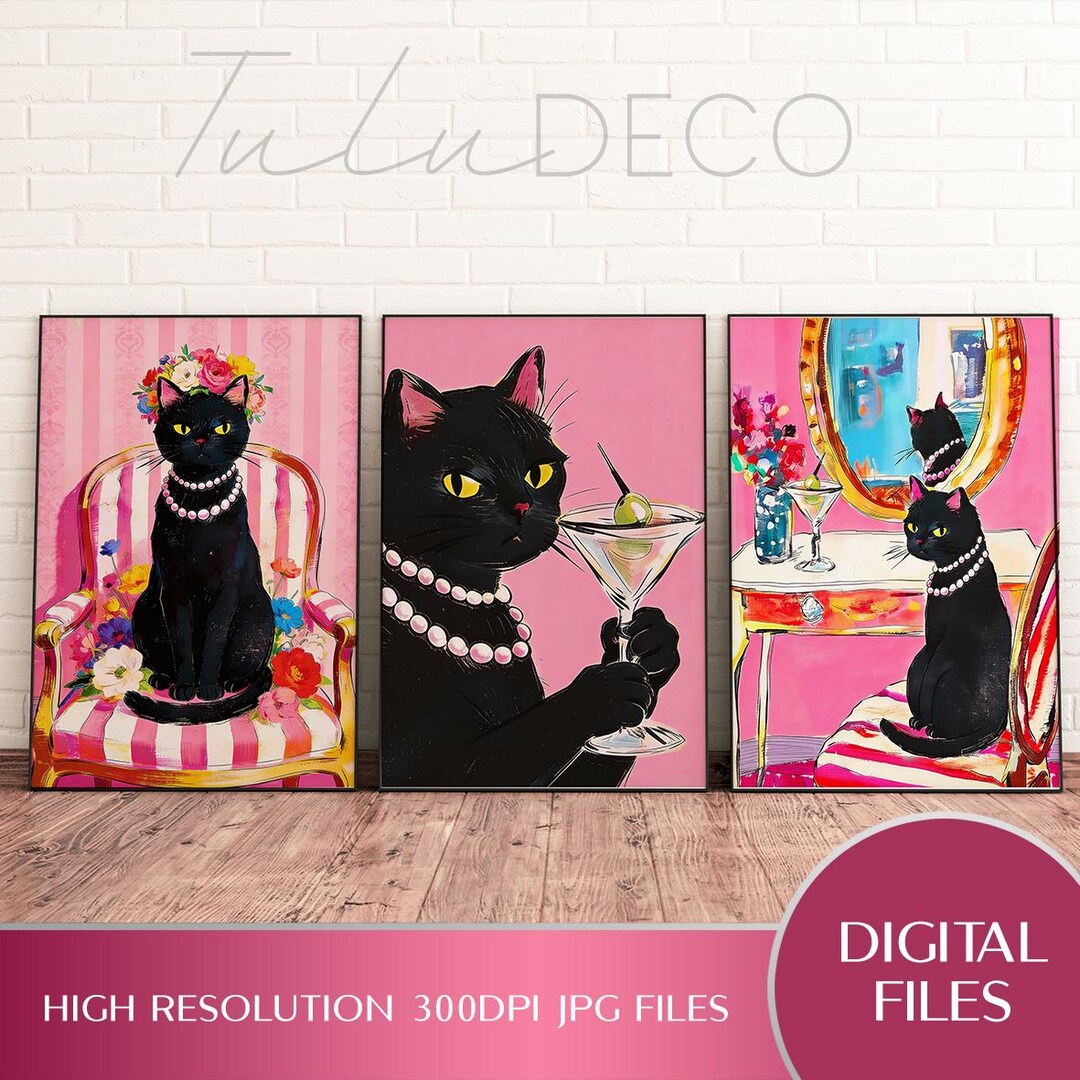 Black Cats Poster – Pink Glam Cat Wall Art Set, Dopamine, Sassy Cat ...