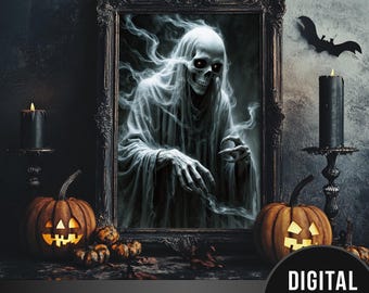 Dark Gothic Skeleton Print, Grim Reaper Wall Art, Scary Halloween Poster Digital Download