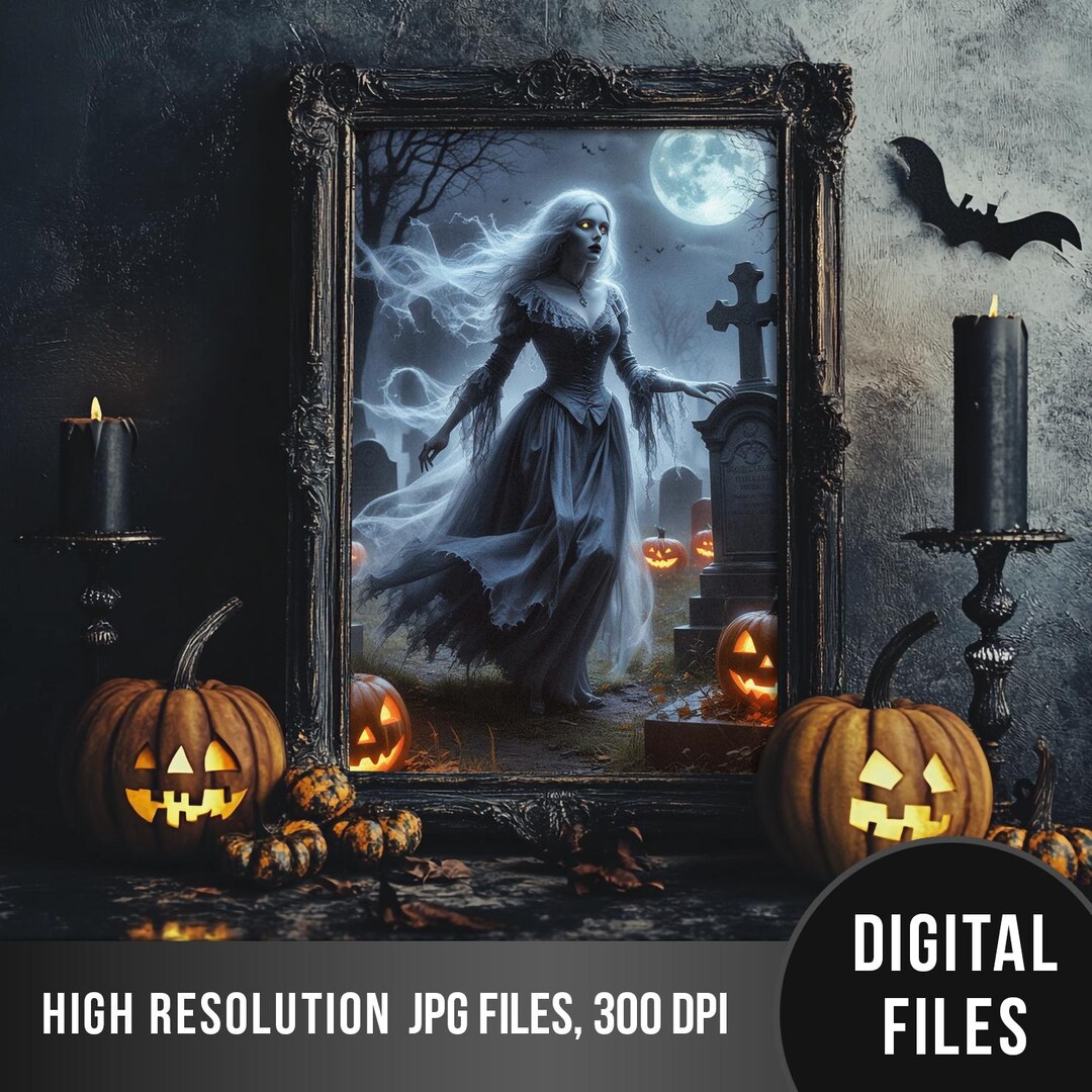 Ghost Girl Wall Art – Spooky Haunted Graveyard Poster With Pumpkins ...