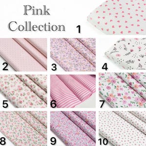 Puede incluir: Una colecci&oacute;n rosa que muestra diez muestras de tela numeradas del 1 al 10. Los patrones incluyen corazones rosas, lunares, estampados florales y rayas rosas y blancas sobre fondos blancos y rosa claro.
