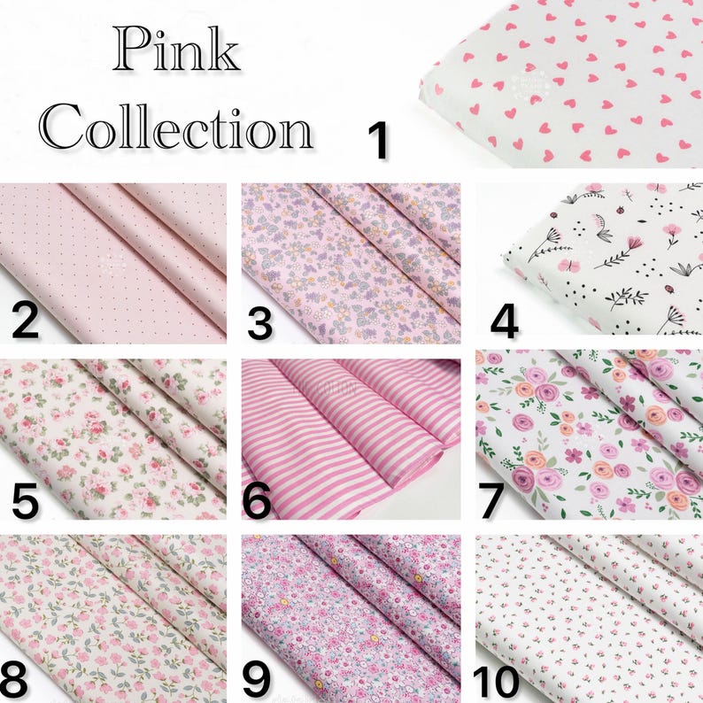 Puede incluir: Una colecci&oacute;n rosa que muestra diez muestras de tela numeradas del 1 al 10. Los patrones incluyen corazones rosas, lunares, estampados florales y rayas rosas y blancas sobre fondos blancos y rosa claro.