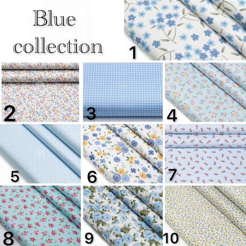 Puede incluir: Una colecci&oacute;n de diez muestras de tela etiquetadas como Blue collection, que presentan varios patrones que incluyen estampados florales azules, cuadros vichy azul claro, lunares peque&ntilde;os y dise&ntilde;os florales multicolores sobre fondos blancos y azul claro.
