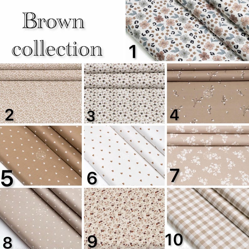 Puede incluir: Una colecci&oacute;n de diez muestras de tela etiquetadas como Brown collection, con varios patrones que incluyen flores, estampado de leopardo, corazones, lunares y cuadros vichy en tonos marr&oacute;n, beige, blanco y gris, numerados del uno al diez.