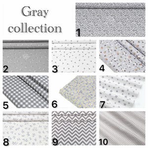 Puede incluir: Una colecci&oacute;n Gray de diez muestras de tela con varios patrones que incluyen flores, cuadros vichy, estrellas, chevron y lunares en tonos grises y blancos. Cada muestra est&aacute; numerada del uno al diez para su identificaci&oacute;n.