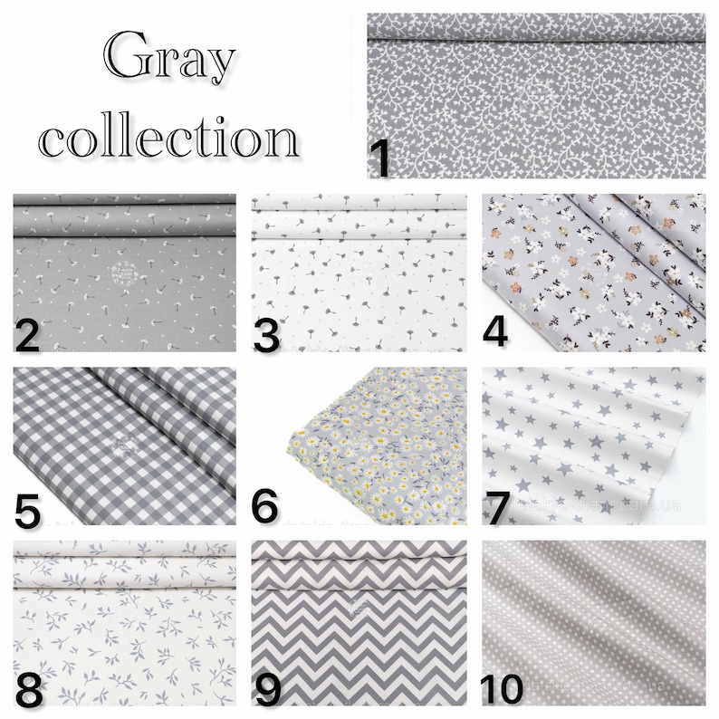 Puede incluir: Una colecci&oacute;n Gray de diez muestras de tela con varios patrones que incluyen flores, cuadros vichy, estrellas, chevron y lunares en tonos grises y blancos. Cada muestra est&aacute; numerada del uno al diez para su identificaci&oacute;n.