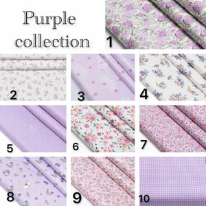 Puede incluir: Una colecci&oacute;n de diez muestras de tela etiquetadas como Purple collection. Los patrones incluyen rosas moradas, hojas peque&ntilde;as, racimos florales, lunares blancos sobre lavanda, flores rosas y naranjas, y un estampado de cuadros vichy morado.