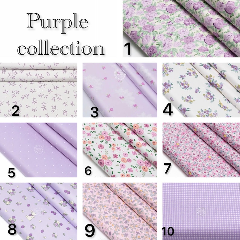 Puede incluir: Una colecci&oacute;n de diez muestras de tela etiquetadas como Purple collection. Los patrones incluyen rosas moradas, hojas peque&ntilde;as, racimos florales, lunares blancos sobre lavanda, flores rosas y naranjas, y un estampado de cuadros vichy morado.