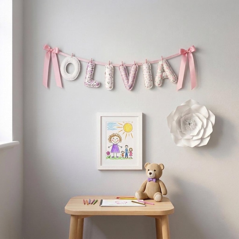 Puede incluir: Una guirnalda de tela con el nombre OLIVIA formado por letras acolchadas colgadas de una cinta rosa con lazos. Debajo hay un dibujo enmarcado de una familia, un oso de peluche beige con lazo morado y una mesa de madera con l&aacute;pices de colores.