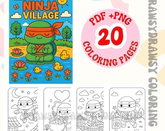 Ninja Turtle Coloring Pages – Village Designs, 20 Printable Pages (PDF + PNG)