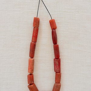 Pode incluir: Um colar com doze contas cilíndricas, porosas e de cor coral, enfiadas num fio preto fino. As contas variam ligeiramente no seu tom laranja-avermelhado e têm uma superfície mate texturada. O fio está atado na parte superior, formando um laço.