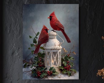Puede incluir: Una impresión enmarcada que presenta dos cardenales rojos vibrantes posados ​​en una linterna blanca adornada con acebo y bayas. La obra de arte está ambientada sobre un fondo suave y apagado, creando una escena serena y naturalista. La estética general es de elegancia rústica.