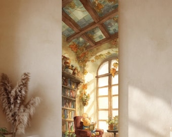 Acquerello su tela Cozy Mouse / Arte della sala di lettura nel bosco / Illustrazione pastello illuminata dal sole con libri e ghiande
