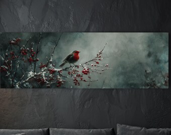 Lienzo decorativo de árbol nevado con petirrojo rojo, impresión de paisaje invernal