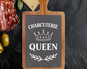 Charcuterie Queen serveerplank van acaciahout en leisteen met messenset