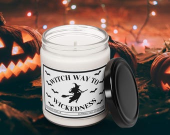 Vela de Halloween Witch Way: Decoración de murciélago espeluznante, cera de soja perfumada