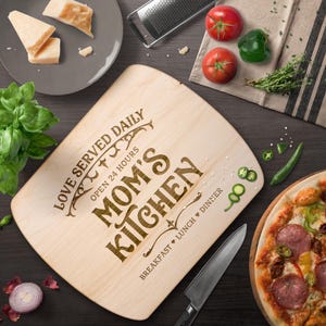 Mom's Kitchen Sign Cutting Board | Love Served Daily | Funny Engraved Mothers Day Gift for Mom from Son Daughter