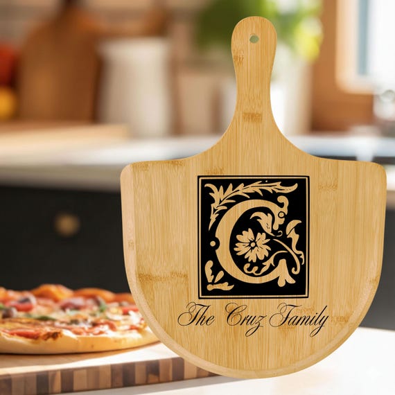 Personalized Family Monogram Pizza Board, Engraved Bamboo Serving
