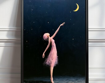 Toile imprimée Lune Fantaisiste, Art Mural Femme Céleste, Décoration Nuit de Rêve