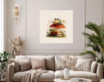 Frog Reading on Mushroom Illustration | Whimsical Children's Book Style Art Print | Cute Dreamy Wall Decor for Kids & Home