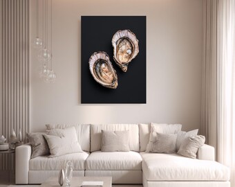 Minimalist Oyster Art Print, Two Oysters Top View, Neutral Tones Painting, Modern Kitchen or Dining Wall Decor, Framed or Rolled