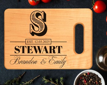 Personalized Initial Cutting Board, Custom Engraved Wedding Gift, Bridal Shower Gift, Anniversary Gift for Couple, Family Name Board