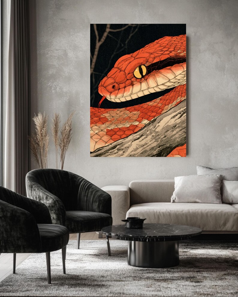 Red Snake Canvas Print, Japanese Woodblock Style Wall Art, Viper ...