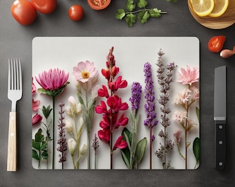 Tabla de cortar de vidrio con flores botánicas, decoración de cocina con flores silvestres mixtas, bandeja floral para servir, regalo de inauguración de la casa para ella
