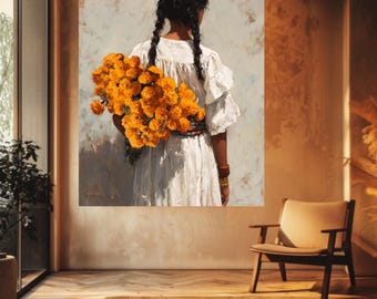 Mexikanische Mädchen mit Ringelblumen Leinwand Kunst | Robert Hagan Stil Portrait