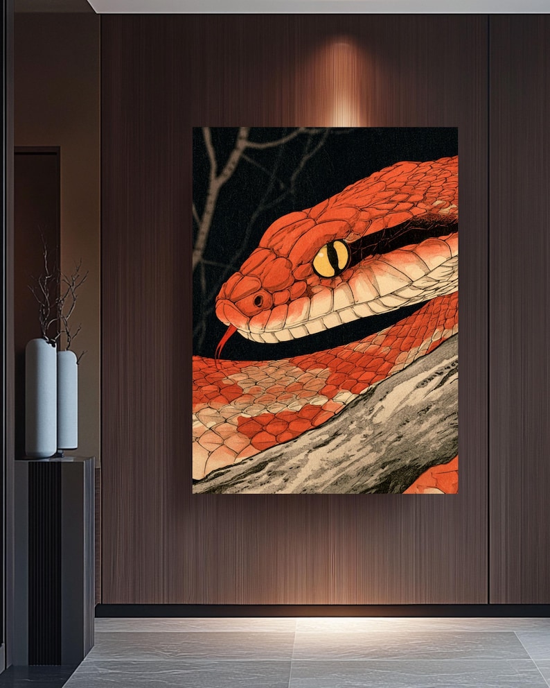 Red Snake Canvas Print, Japanese Woodblock Style Wall Art, Viper ...