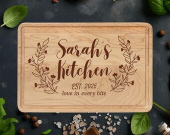 Tabla de cortar grabada personalizada, decoración de cocina personalizada, regalo de inauguración de la casa, regalo de aniversario o boda para parejas.
