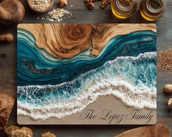 Tabla de cortar de vidrio personalizada con diseño de playa y océano, decoración de cocina con olas y arena, regalo de inauguración de la casa personalizado