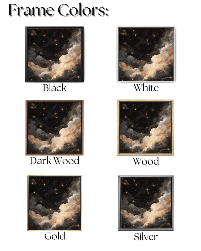 K&ouml;nnte beinhalten: Gerahmte Kunstdrucke mit einem Himmelsdesign mit Nachthimmel, Wolken und Sternen. Die Rahmen sind in Schwarz, Wei&szlig;, dunklem Holz, Holz, Gold und Silber erh&auml;ltlich und bieten verschiedene &auml;sthetische Optionen.
