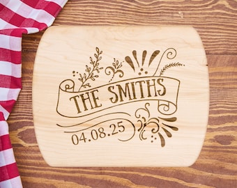 Personalized Family Name Engraved Cutting Board, Wedding Anniversary Gift for Couple, Custom Kitchen Decor Serving Platter