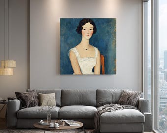 Impresión de retrato de mujer estilo Modigliani, fondo azul, arte moderno