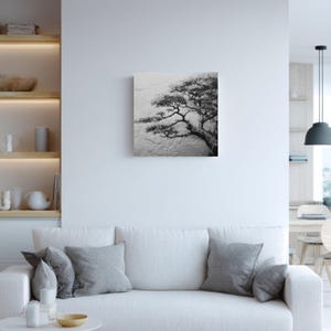 May include: Black and white square canvas art featuring a detailed depiction of a tree. The artwork showcases the tree's branches and foliage against a textured background. The piece is mounted on a white wall above a white sofa.