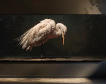 Albino Heron Oil Painting | Moody Bird Canvas Wall Art | White Egret in Shadows | Elegant Nature Decor | Minimal Fine Art Print