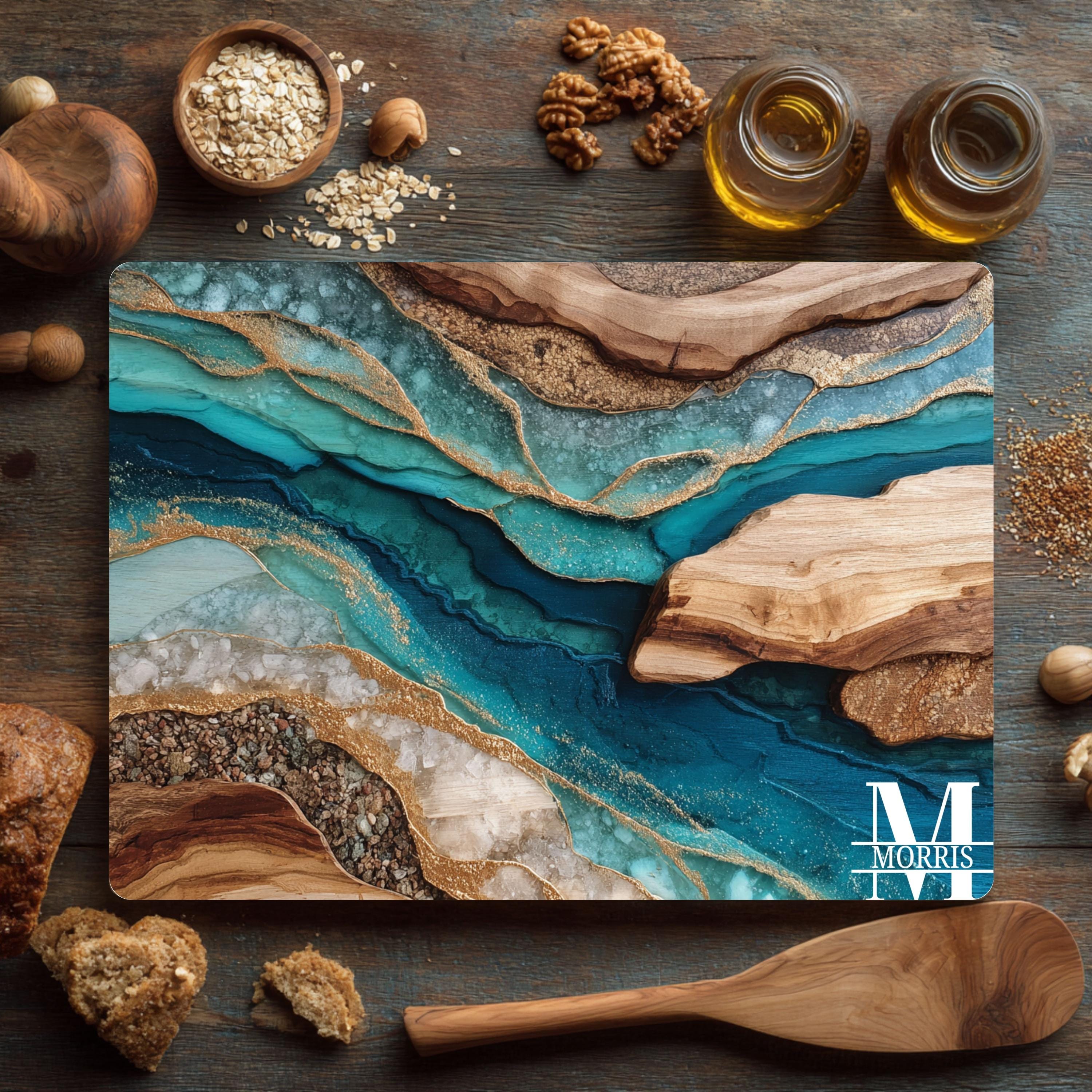 天然木×ブルーエポキシレジン リバーボード カッティングボード 36×25cm Teal River Art Glass Cutting Board, Personalized Turquoise Wood