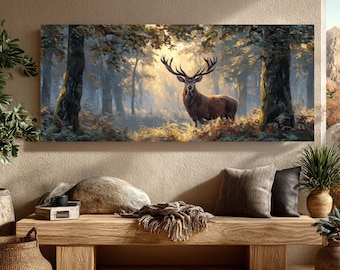 Majestic Stag in Forest Wildlife Painting Realistic Deer Illustration Hand-Painted Woodland Wall Art Golden Sunlight Decor