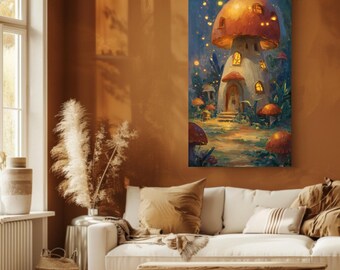 Casa de hongos caprichosa, ilustración de bosque de fantasía, cuento de hadas, resplandor, bosque mágico, arte de pared para el hogar, decoración enmarcada