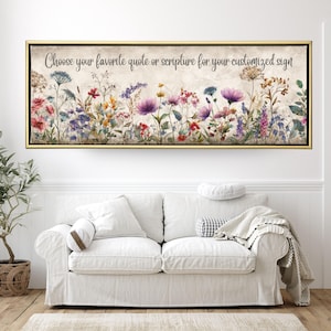 Könnte beinhalten: Ein rechteckiger, gerahmter Leinwanddruck mit einem Blumendesign. Der Druck zeigt eine Vielzahl farbenfroher Wildblumen und den Text "Choose your favorite quote or scripture for your customized sign" in einer Schreibschrift.