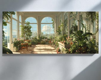 May include: A panoramic canvas print depicts a sunlit conservatory filled with lush greenery and flowering plants. Large arched windows offer views of a bright blue sky with fluffy white clouds. The interior features a wooden floor and decorative planters.