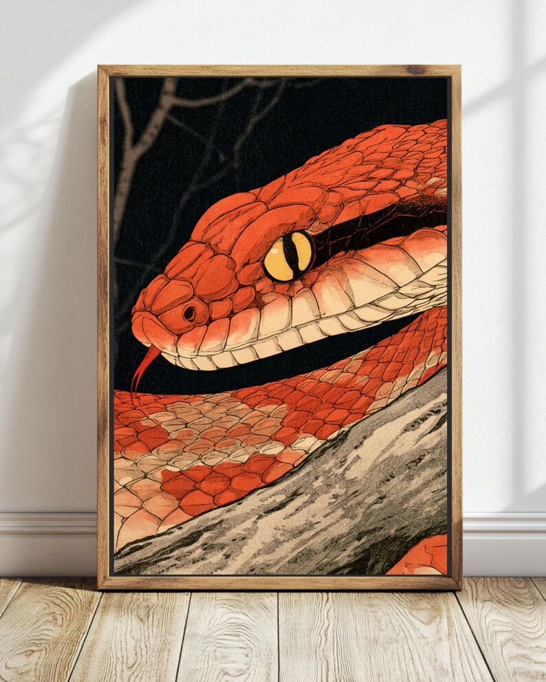 Red Snake Canvas Print, Japanese Woodblock Style Wall Art, Viper ...
