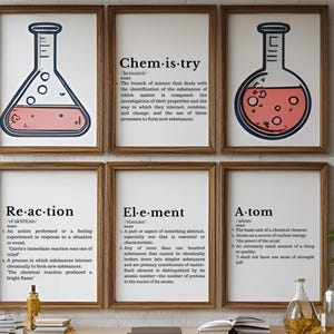 May include: Six framed prints with a science theme. Each print features a different word: "Chemistry", "Reaction", "Element", and "Atom", along with a definition. The prints also show illustrations of laboratory flasks with a pink liquid.