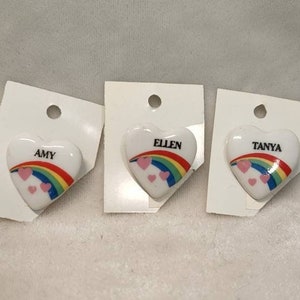 Nostalgic Vintage Rainbow Heart Shaped Name Pin, 1980s Name Badge, Choice of Three Names