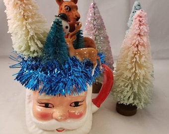 Vintage Santa Mug Decorated with Flocked Deer, Bottle Brush Trees, Snowman, One of a Kind Christmas Decoration