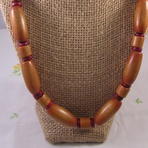 Long Necklace, Hot Pink and Natural Wood Beads image 1